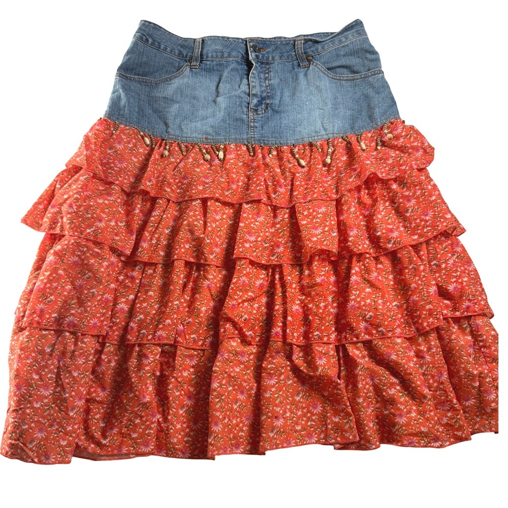 Vezucci Skirt Red Tiered Beaded Floral Ruffle Denim Vintage 90s Y2K Size 10 Boho